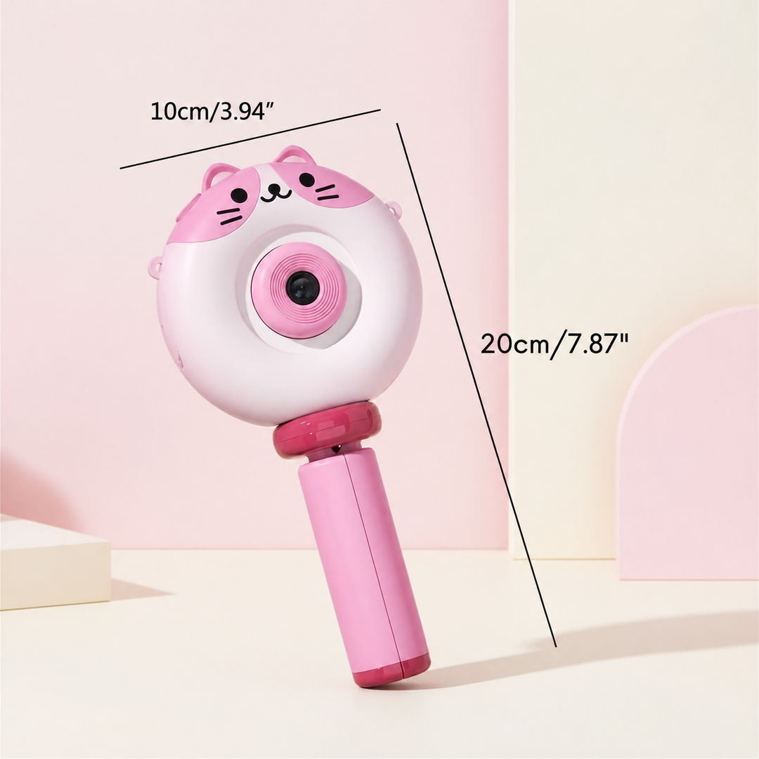 Pink cat-shaped camera with measurements of 10 cm wide and 20 cm tall