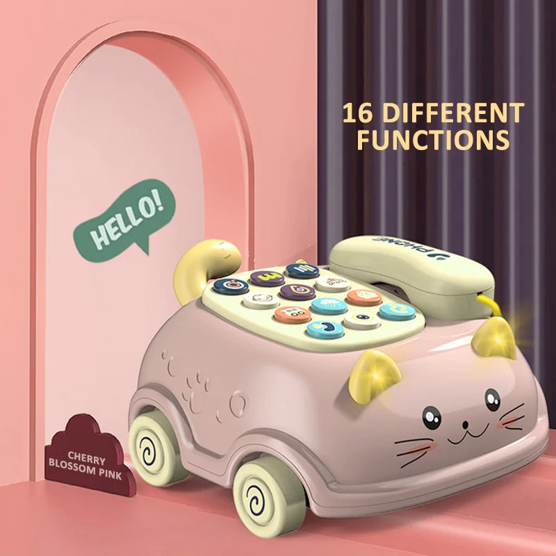 Pink cat toy phone with a cream handset and colorful round buttons