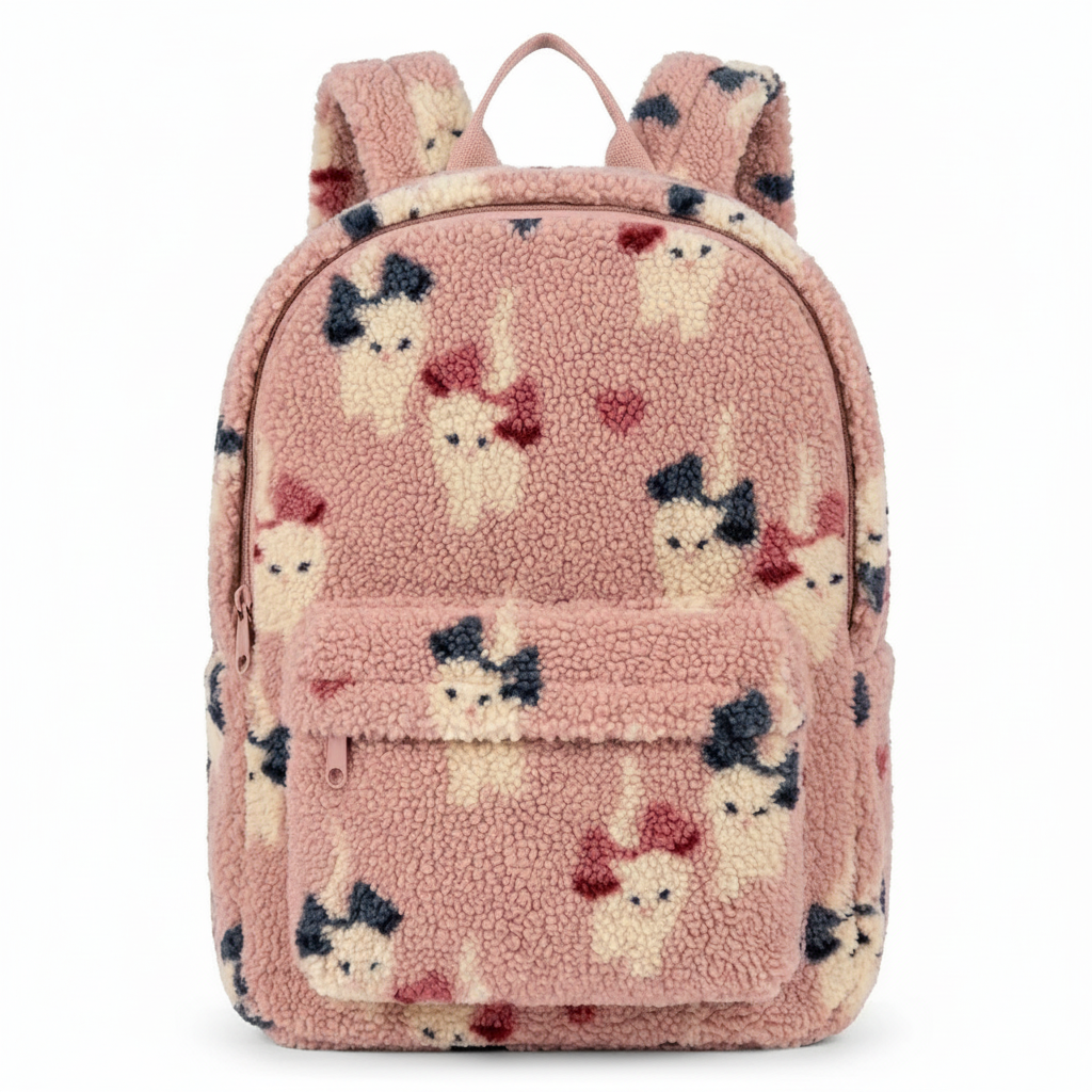 Front view of the pink teddy backpack with cat motifs and a zippered front pocket