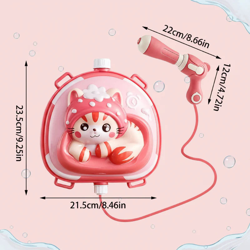 Cat water blaster measurements: tank 23.5 x 21.5 cm; gun 22 x 12 cm