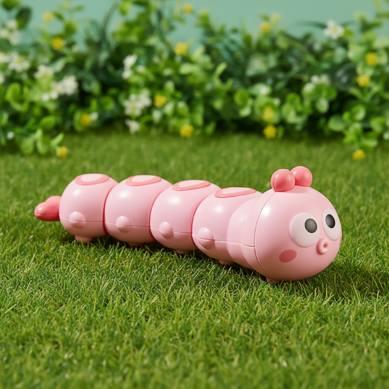 Pink caterpillar toy shown in side view on grass