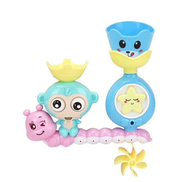 Pastel monkey and caterpillar bath toy with a pink base, blue cup, and yellow water wheel