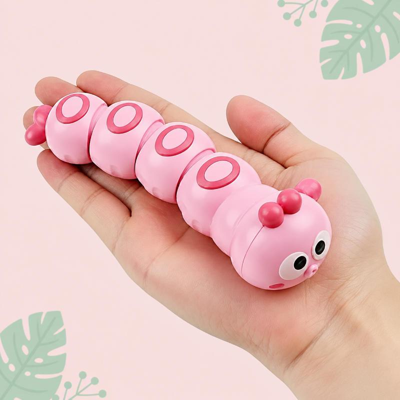 Pink segmented caterpillar toy resting across an open palm