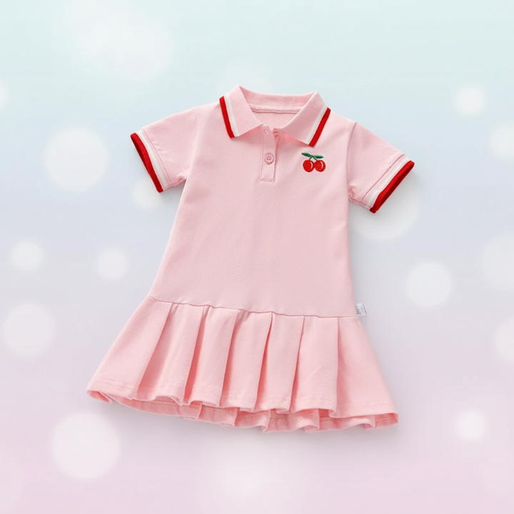 Front view of the pink cherry polo dress with striped trim and a pleated skirt.