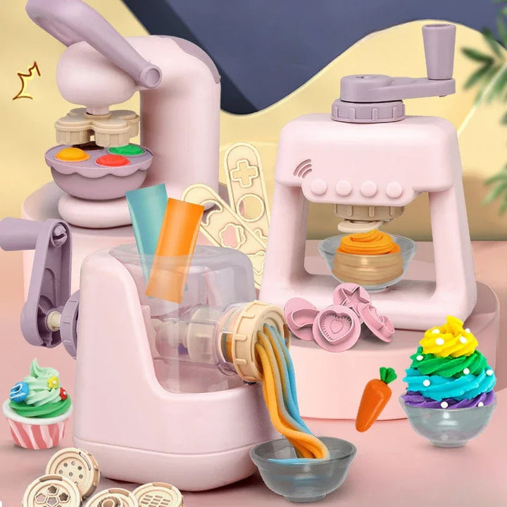 Pink clay play machines surrounded by pretend ice cream, colorful clay noodles, molds, and dessert cups.