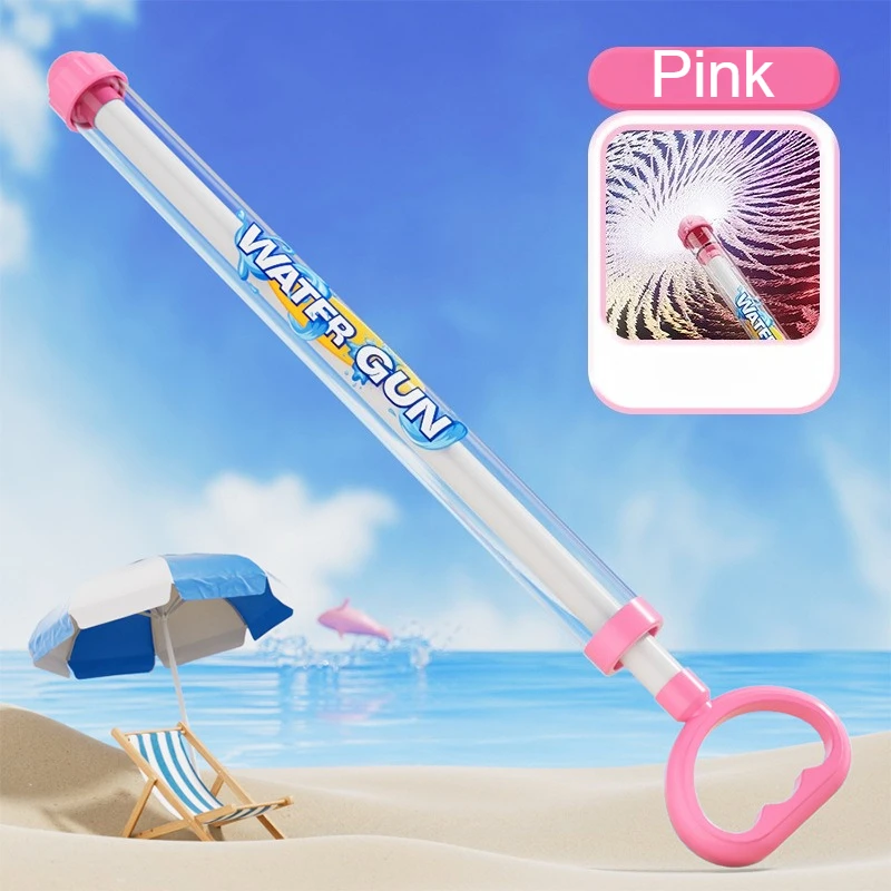 Pink manual pump water gun with a clear barrel and loop-shaped handle.