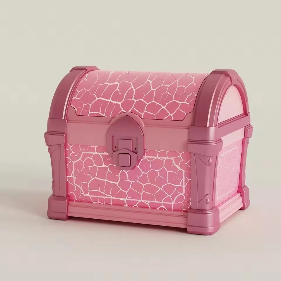Pink treasure-chest night light with a closed lid and crackle-pattern panels