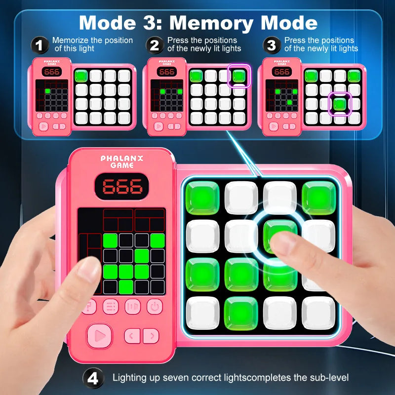 Hands pressing a pink game console during a memory-mode light pattern challenge.