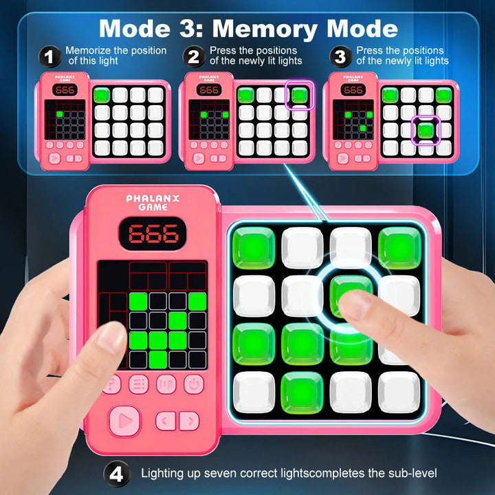 Hands pressing a pink game console during a memory-mode light pattern challenge.