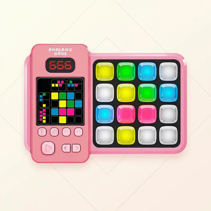 Top view of a pink game console with multicolored buttons and a pattern display.