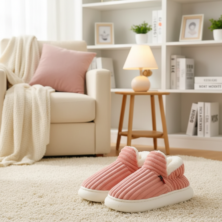 Pink corduroy slippers with white plush lining on a rug near an armchair.