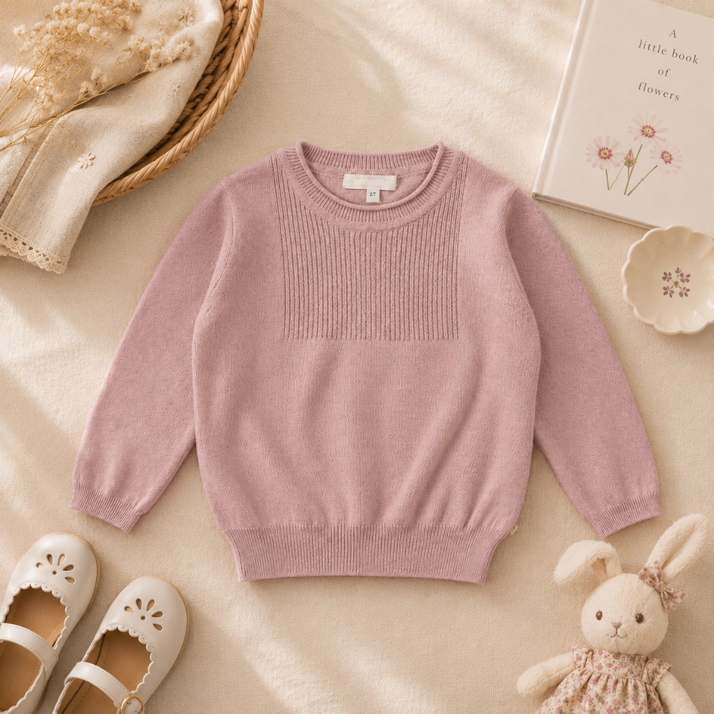Pink cotton pullover with long sleeves and a ribbed chest panel, laid flat