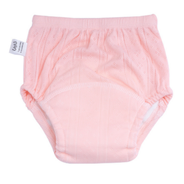 Pink cotton training pants with an elastic waist and shaped absorbent panel.