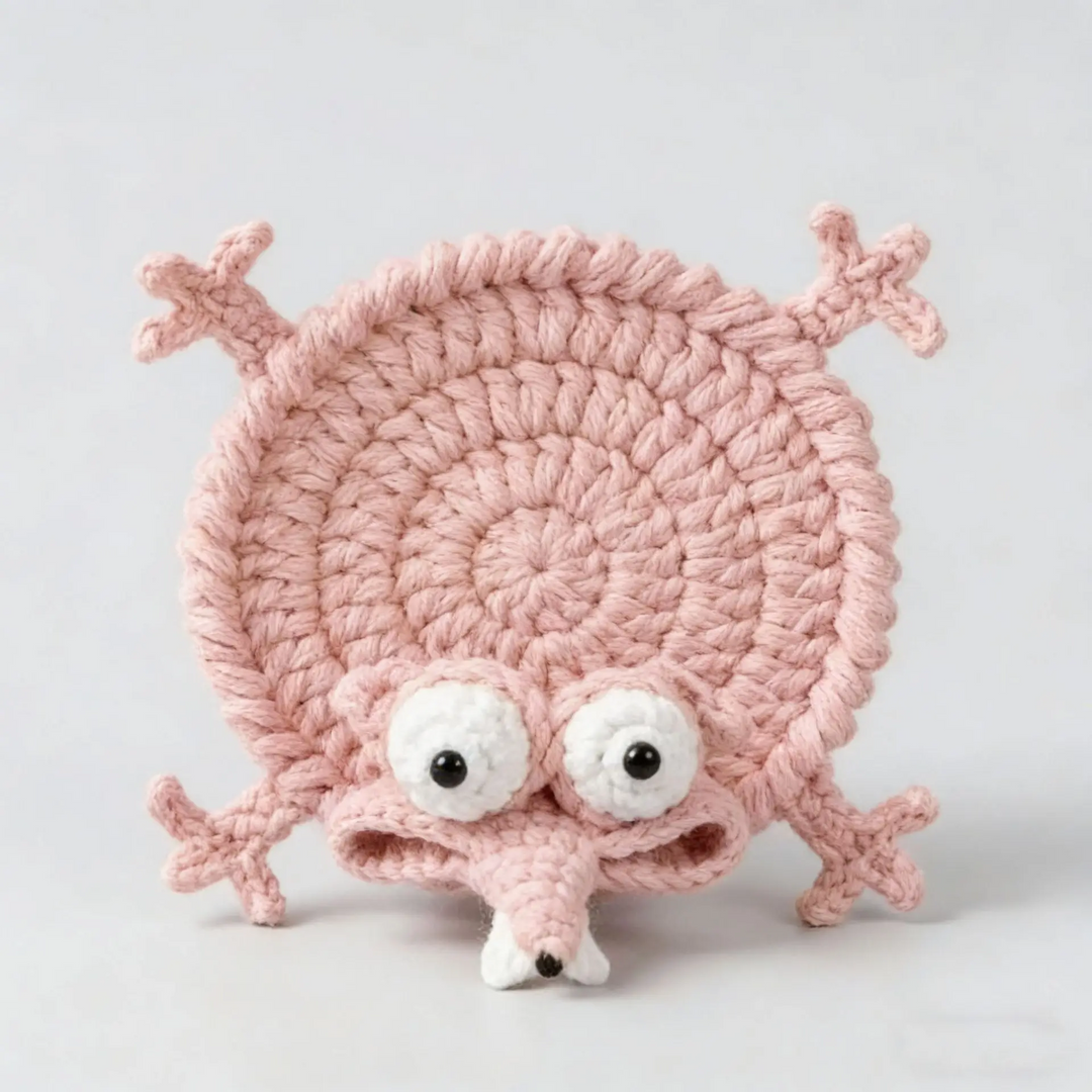 Pink Coyote coaster with a round crocheted center, large eyes, and four small paws