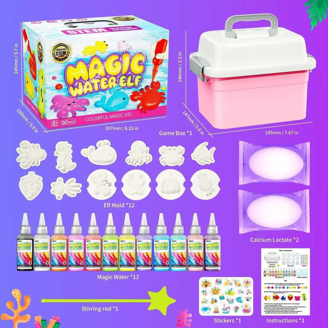 Pink craft box with 12 animal molds, 12 color bottles, calcium lactate, stickers, and instructions
