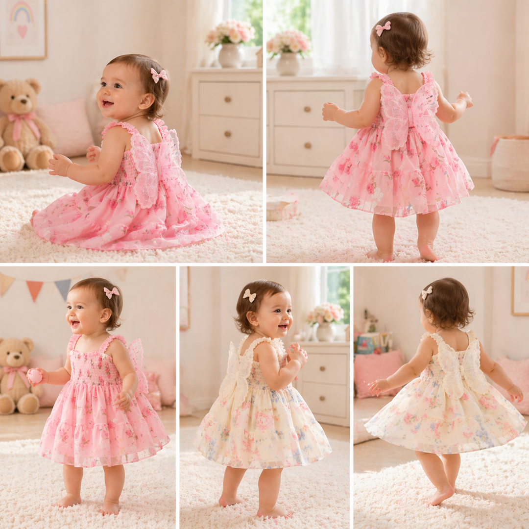 Pink and cream butterfly baby dresses shown on toddlers from several angles