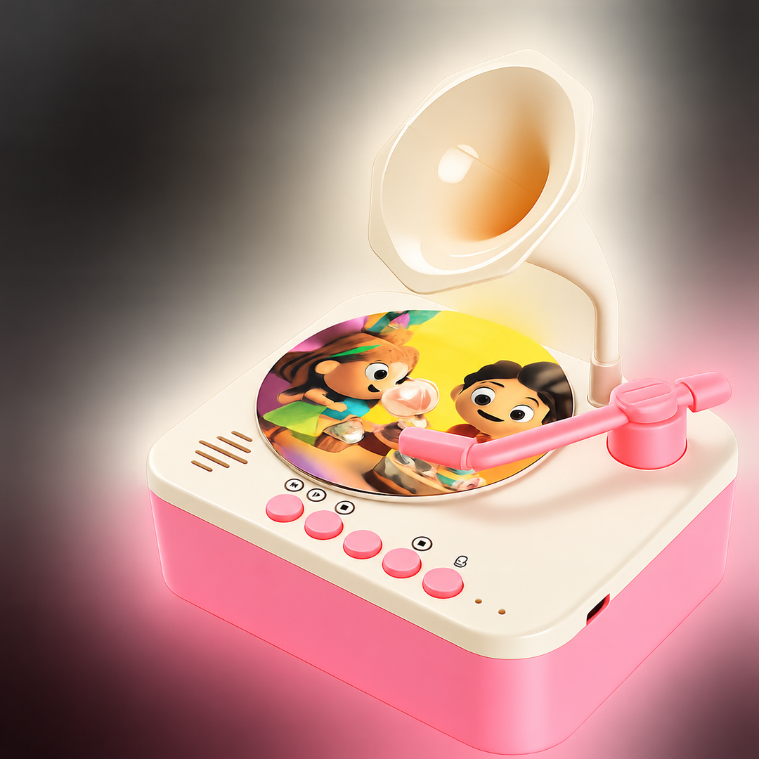 Pink and cream toy gramophone with an illustrated round card and pink playback buttons