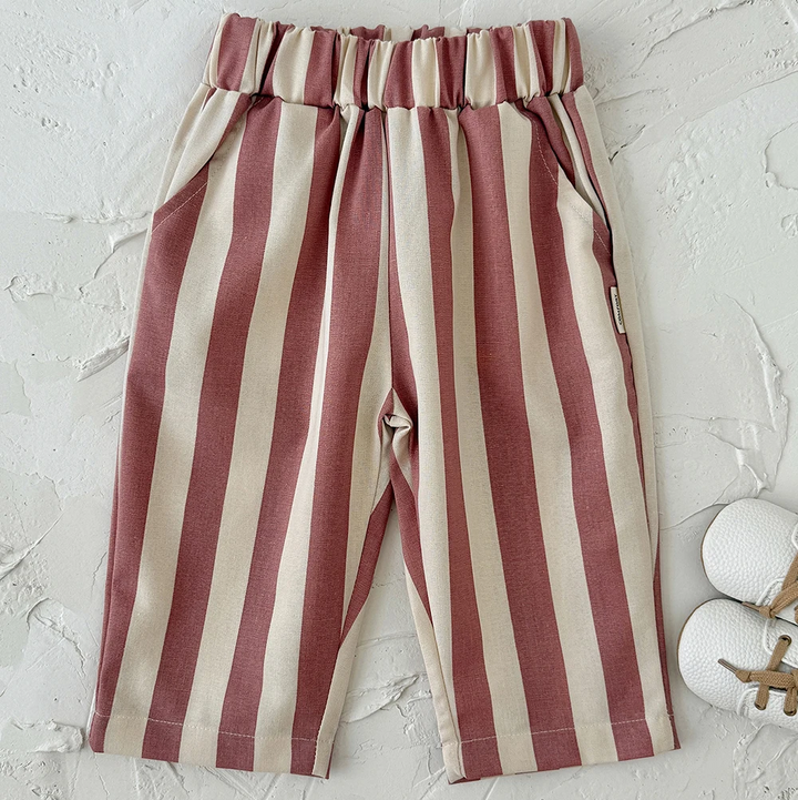 Pink and cream striped baby pants with an elastic waist and side pockets