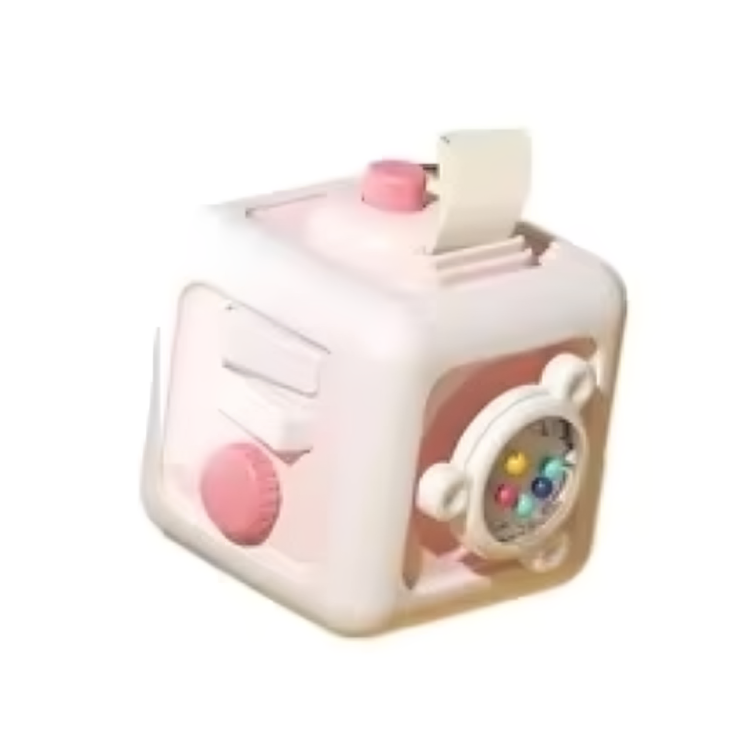 Pink cube style showing its pull tab, white press bars, pink knob, and clear bead spinner