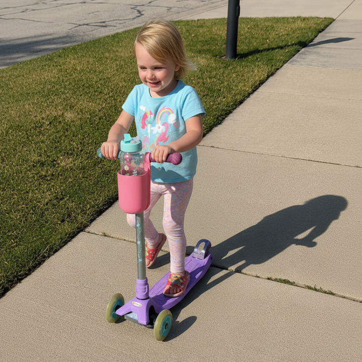 Child on a purple scooter with a water bottle in a pink cup holder on the handlebar.