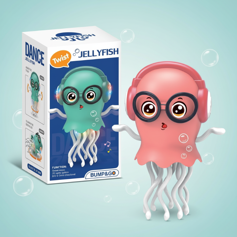 Pink dancing jellyfish toy beside its retail box