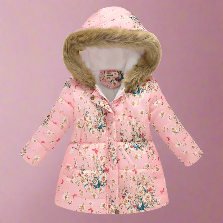 Pink quilted winter coat with delicate floral print and a fluffy-trimmed hood
