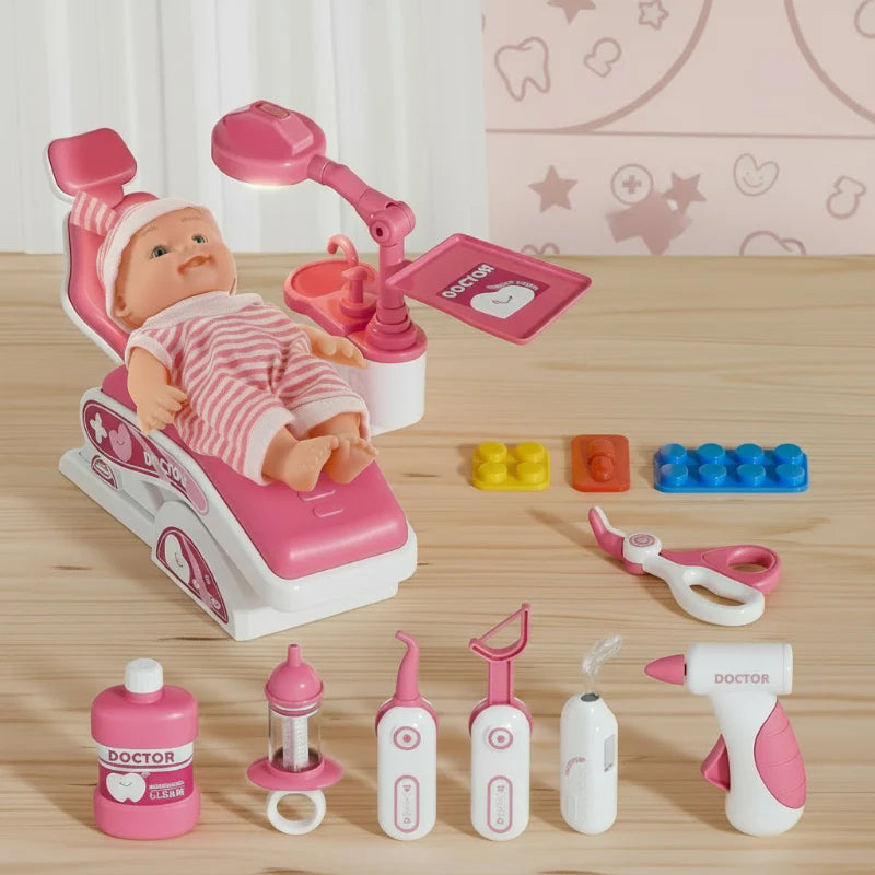 Pink-and-white doctor and dentist play set with a doll, dental chair, and pretend care tools