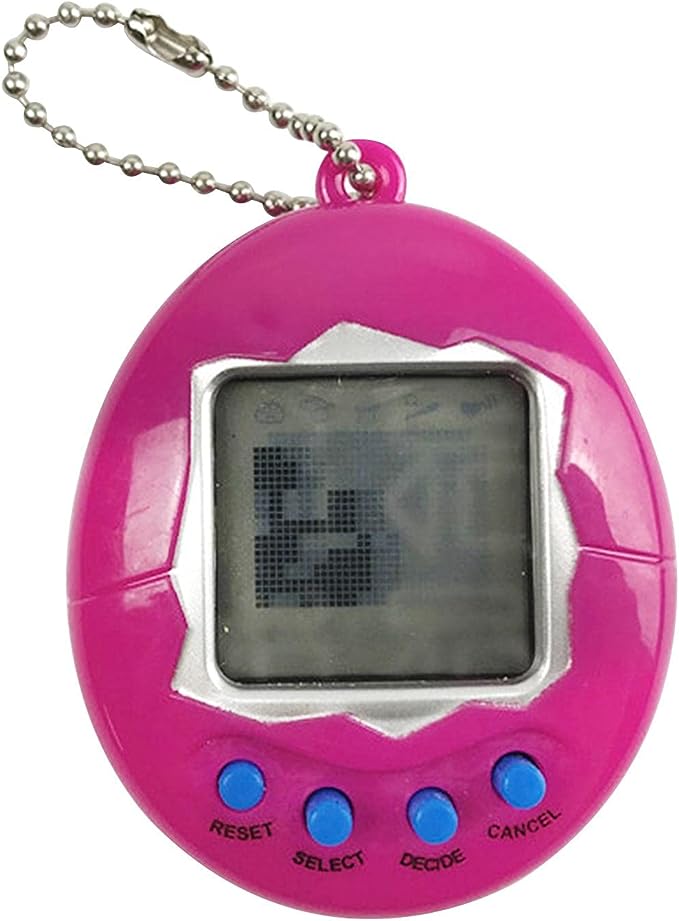 Pink egg-shaped digital pet keychain with a screen and four blue buttons.