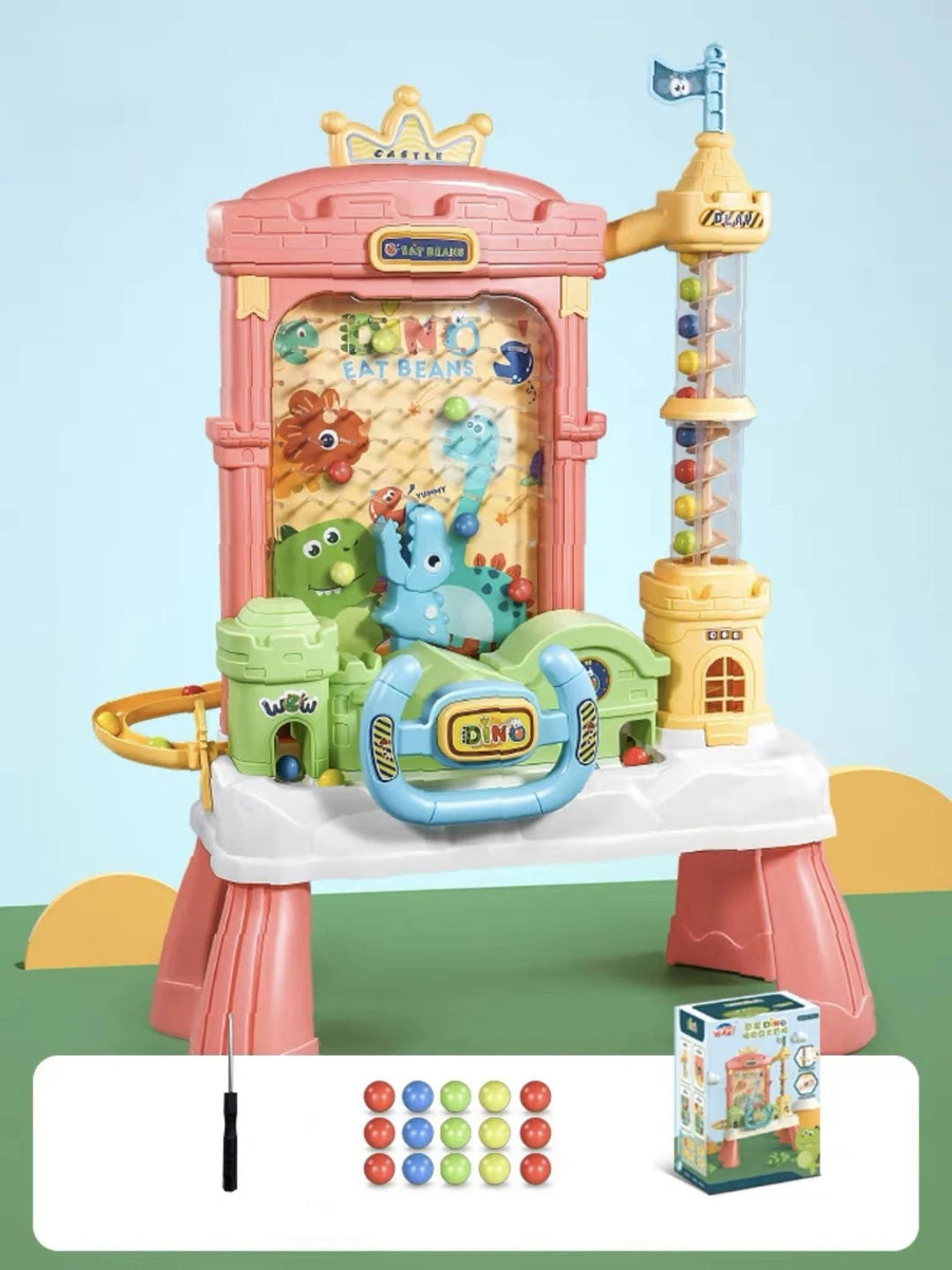 Pink dinosaur arcade toy shown with ball accessories, a screwdriver graphic and a retail box
