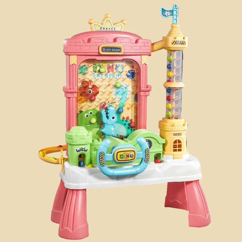 Pink dinosaur arcade toy with a blue steering-wheel control and four table legs