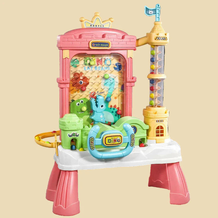 Pink dinosaur arcade toy with a blue steering-wheel control and four table legs