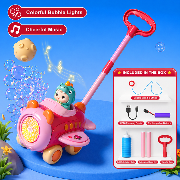 Pink airplane-style bubble push cart with a dinosaur character and a box-contents inset.