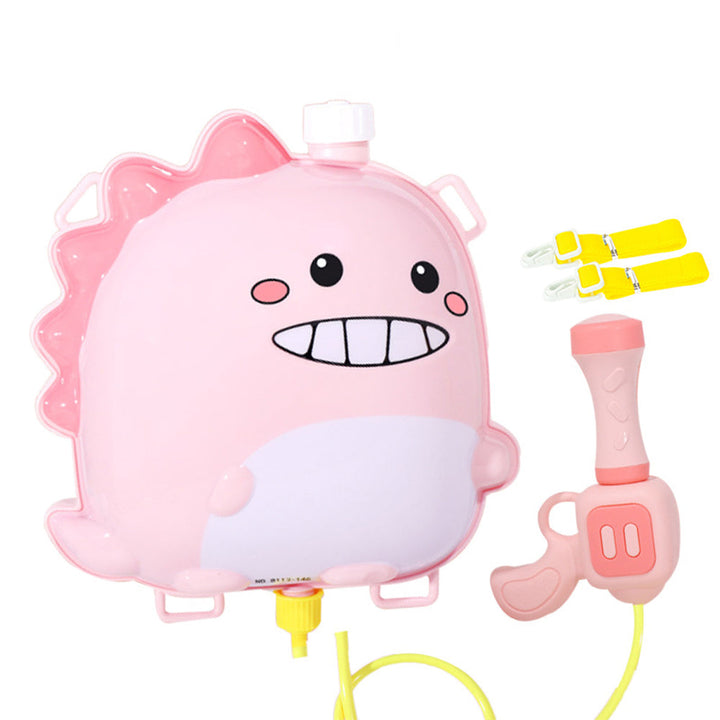Pink dinosaur backpack water tank with a pink blaster, yellow hose, and shoulder straps
