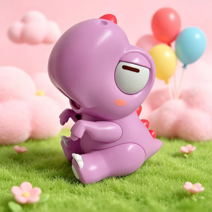 Pink dinosaur food cooling fan shown in profile against balloons and pastel clouds