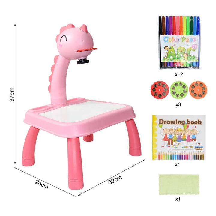Pink dinosaur drawing projector with measurements, three picture discs, coloring pens and drawing book