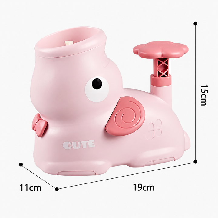 Pink disc launcher with measurements of 19 cm long, 11 cm wide, and 15 cm high
