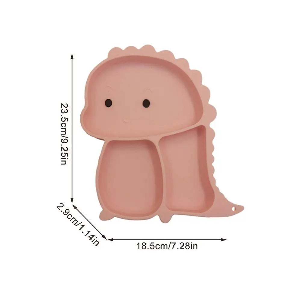 Pink divided dinosaur plate with height, width, and depth measurements