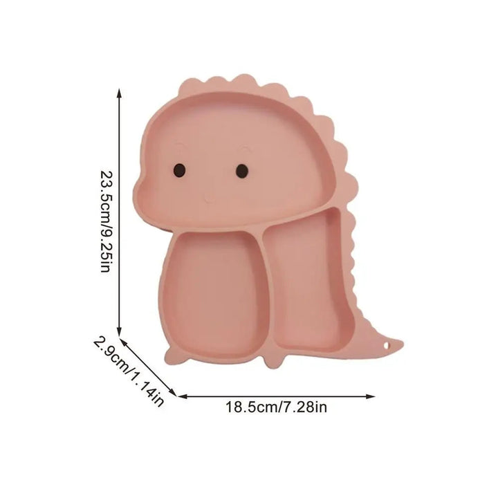Pink divided dinosaur plate with height, width, and depth measurements