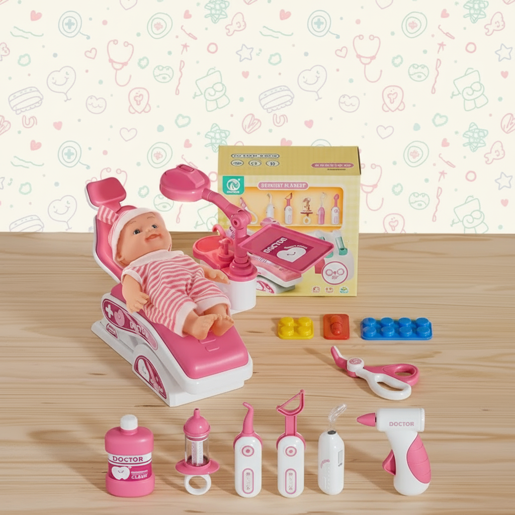 Pink doctor and dentist play set with doll, dental tools, and packaging