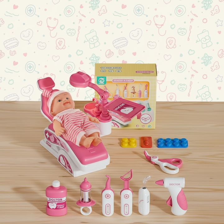 Pink doctor and dentist play set with doll, dental tools, and packaging