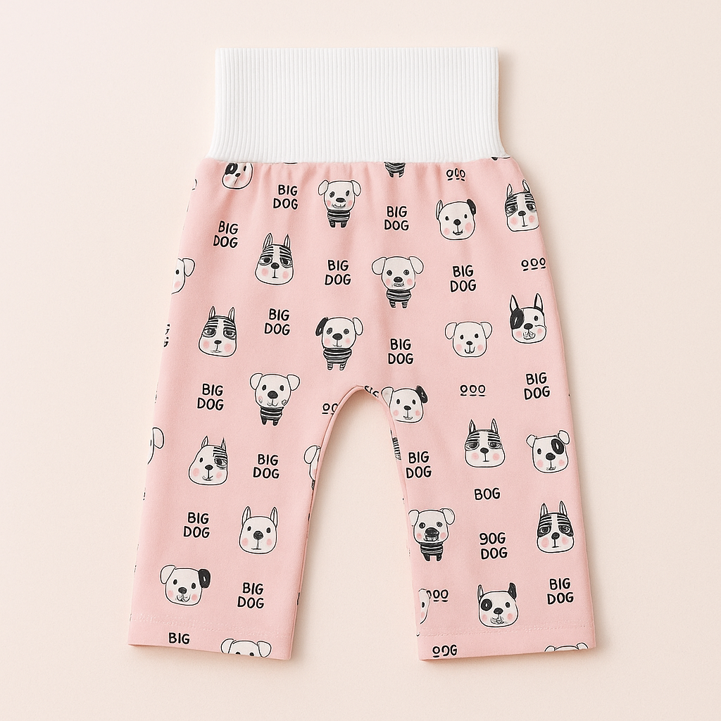 Pink dog-print training pants laid flat with a wide white ribbed waistband
