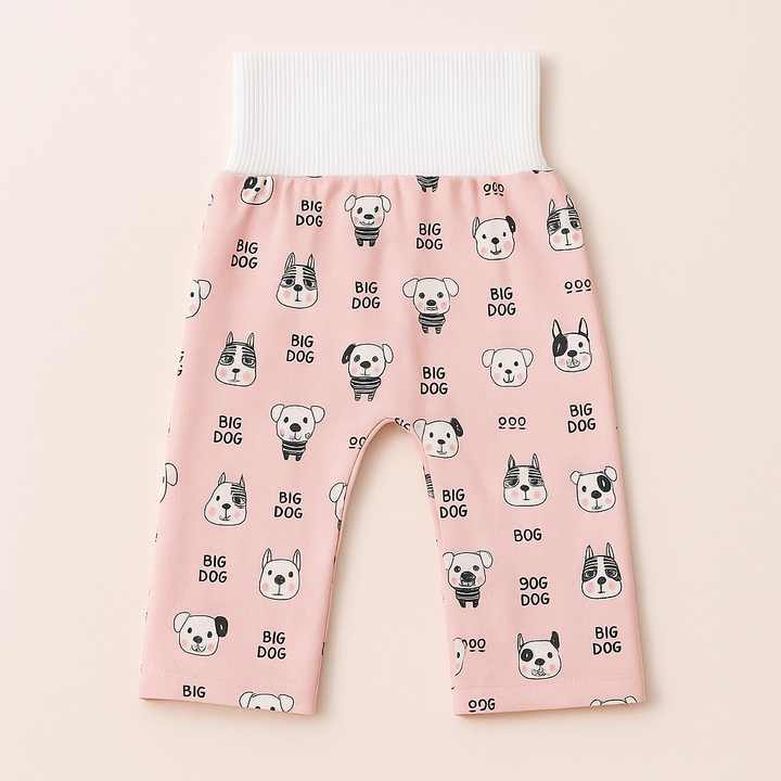 Pink dog-print training pants laid flat with a wide white ribbed waistband