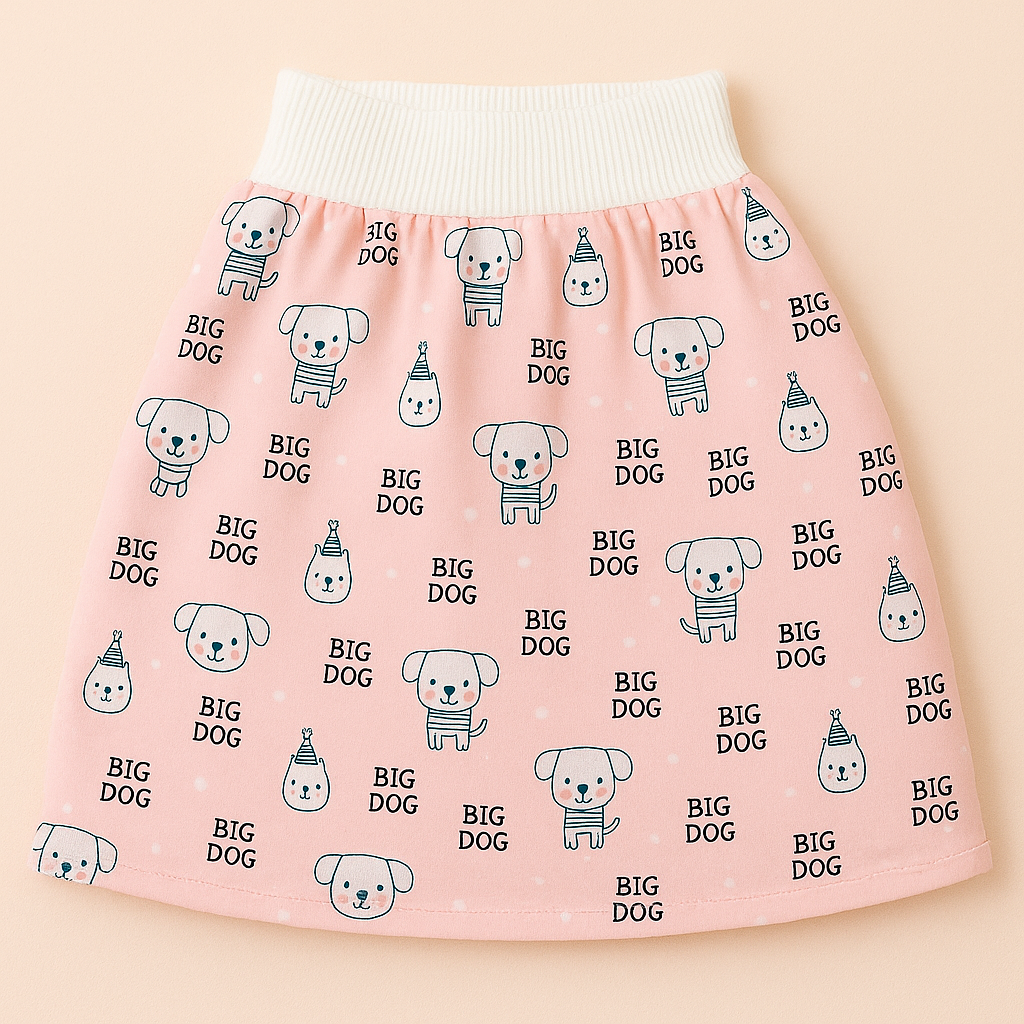 Pink dog-print training skirt laid flat with a wide white ribbed waistband