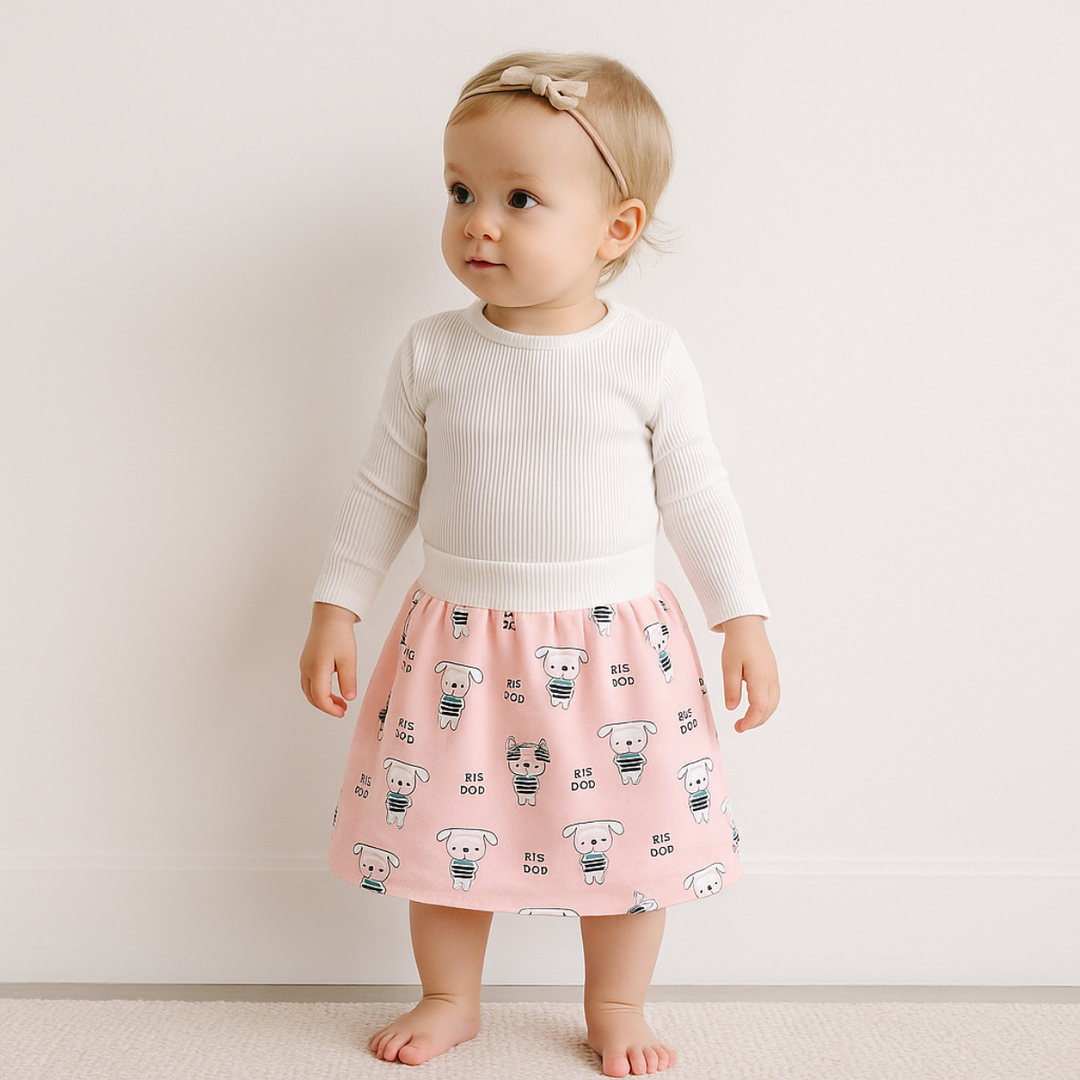 Child wearing a pink dog-print training skirt with a white top