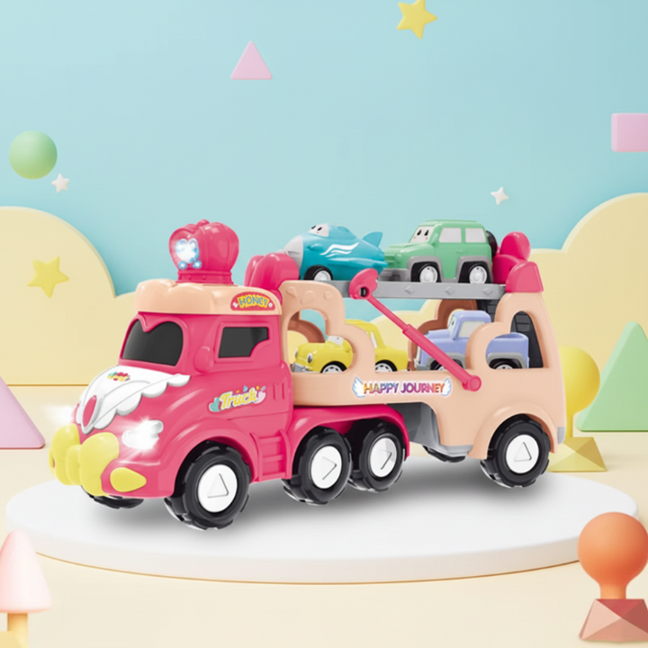 Pink double-decker car carrier loaded with small colorful vehicles.