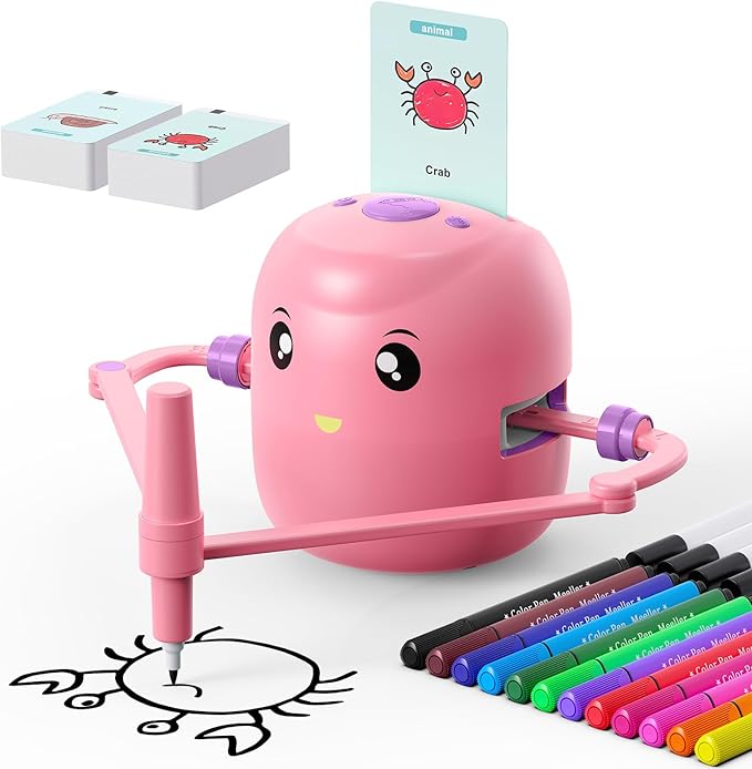 Pink drawing robot tracing a crab beside drawing cards and colored markers