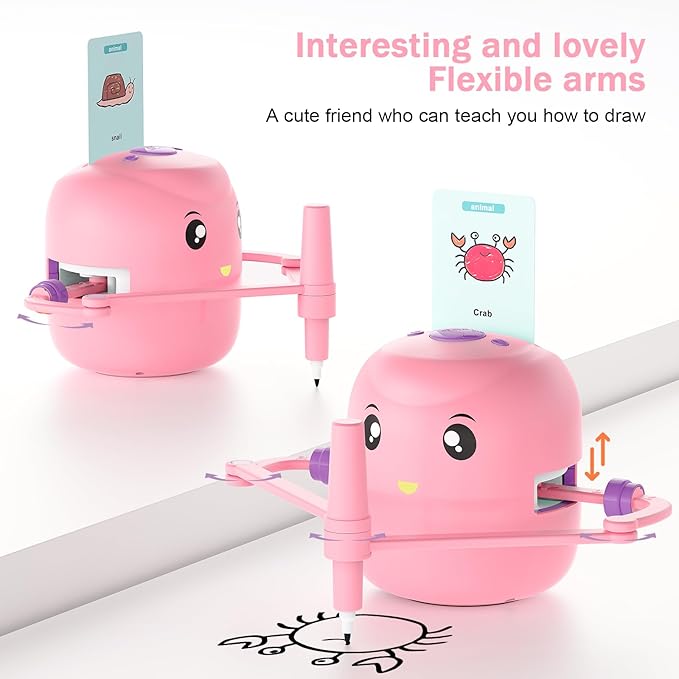 Pink drawing robot with movable arms shown drawing a crab
