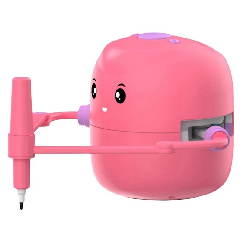 Pink drawing robot shown with its articulated drawing arms and brush holder