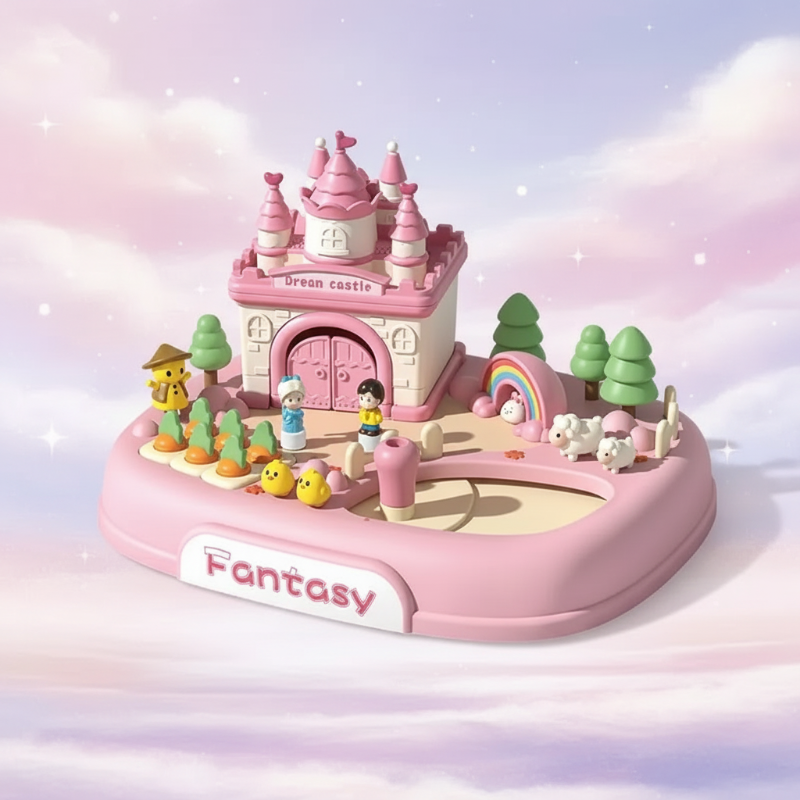 Pink Dream Castle playset with turrets, figures, trees and a rainbow
