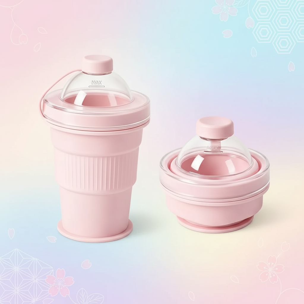Pink silicone drinking cup shown expanded and folded with clear domed lids